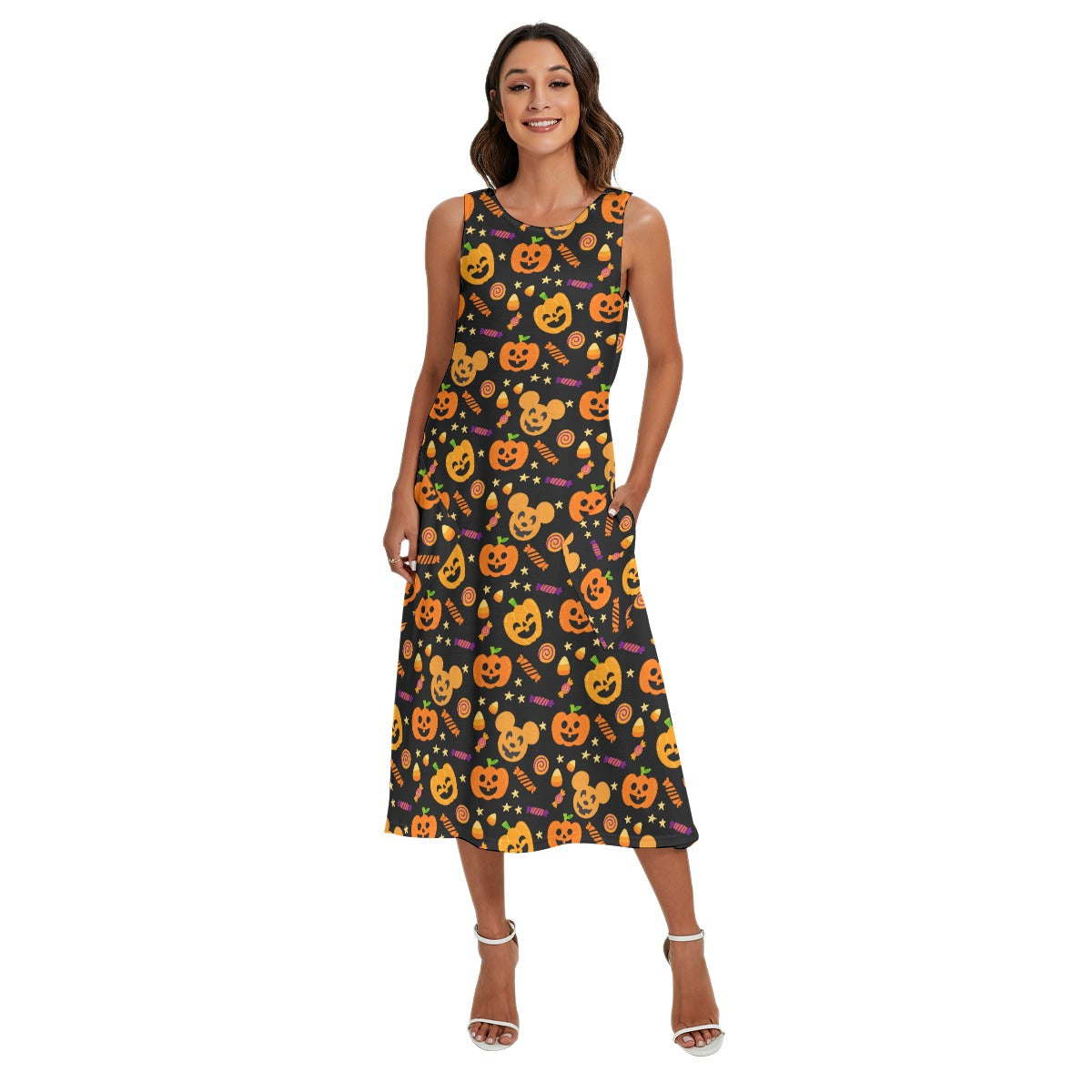 Cheerful Pumpkin Mouse Halloween - Women’s Diagonal Pocket Midi Dress