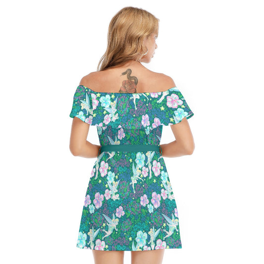 Pixie in Neon Blooms - Women's Off-shoulder Ruffle Dress