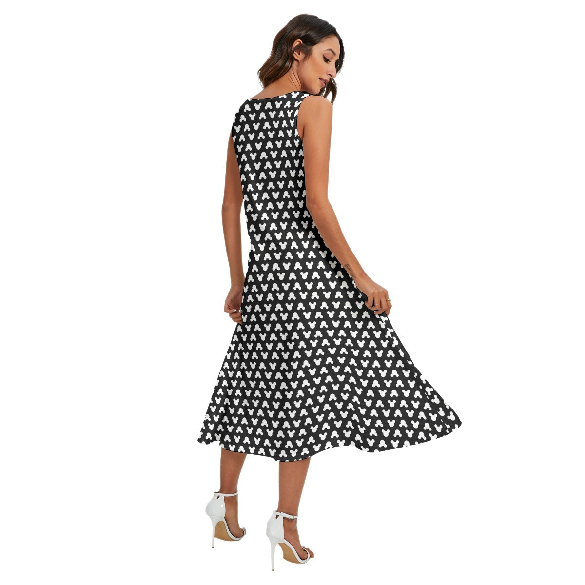 Playful Polka Dot Ears Black - Women’s Diagonal Pocket Midi Dress