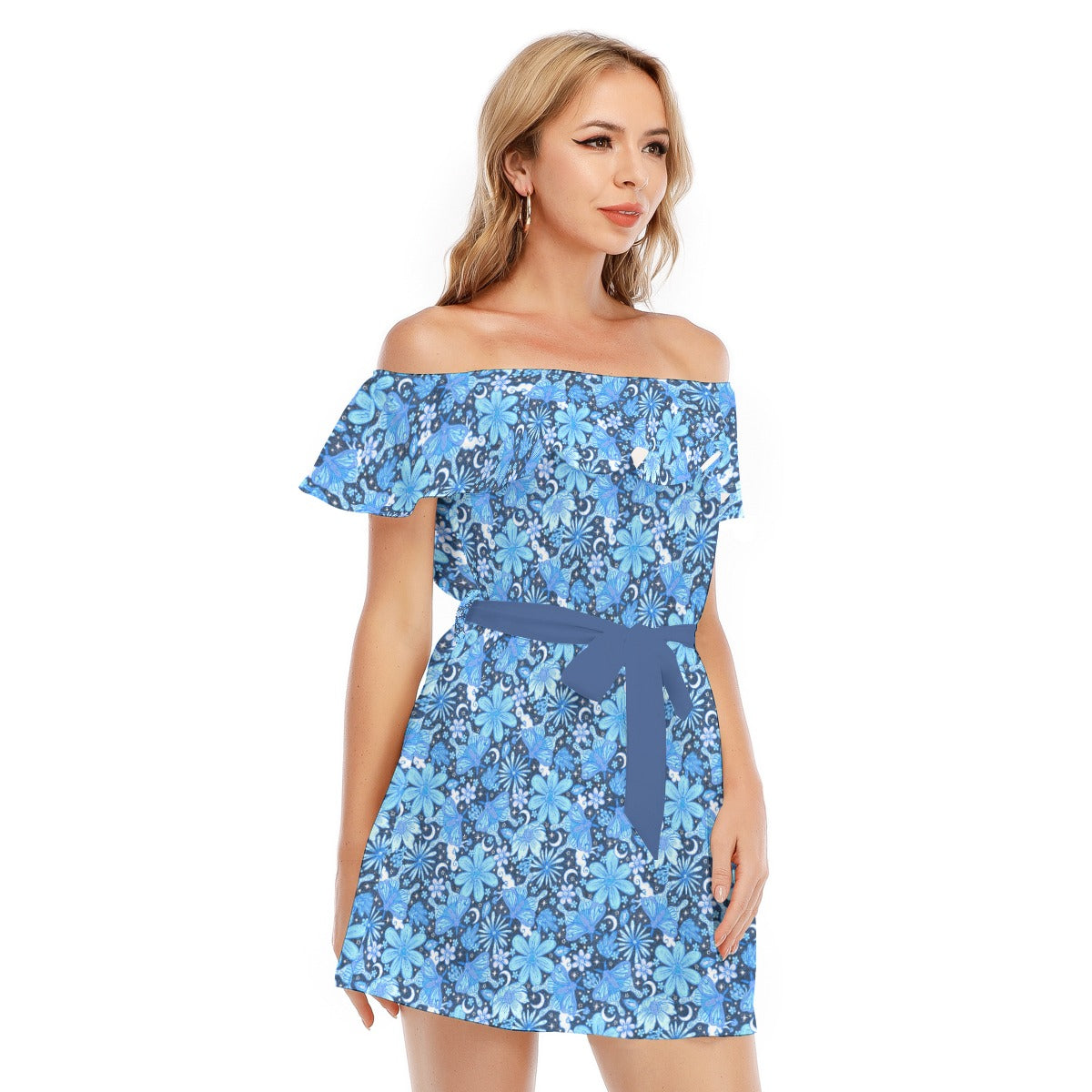 Blue Crystal Moths - Women's Off-shoulder Ruffle Dress