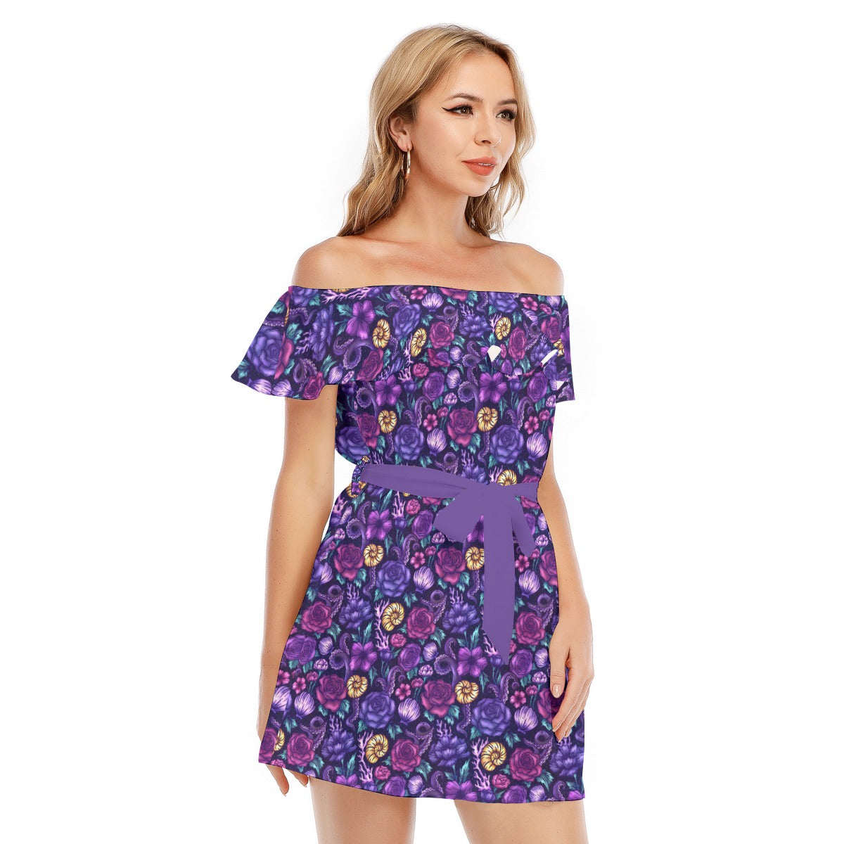 Fairytale Florals – Dark Sea Witch - Women's Off-shoulder Ruffle Dress