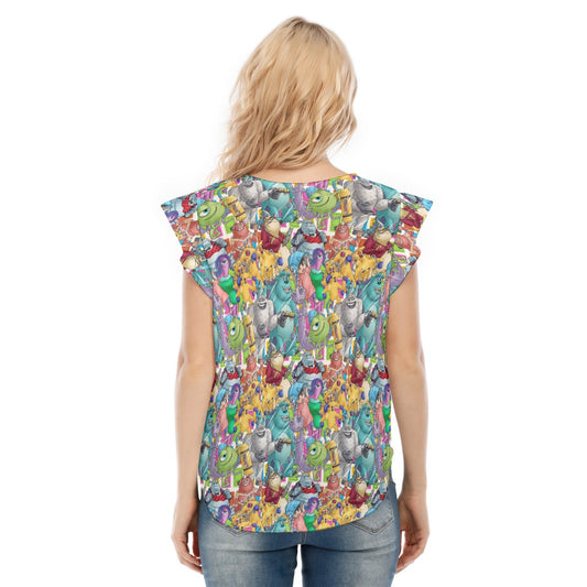 Monster Mayhem Sketched - Women’s Flutter Sleeve Top