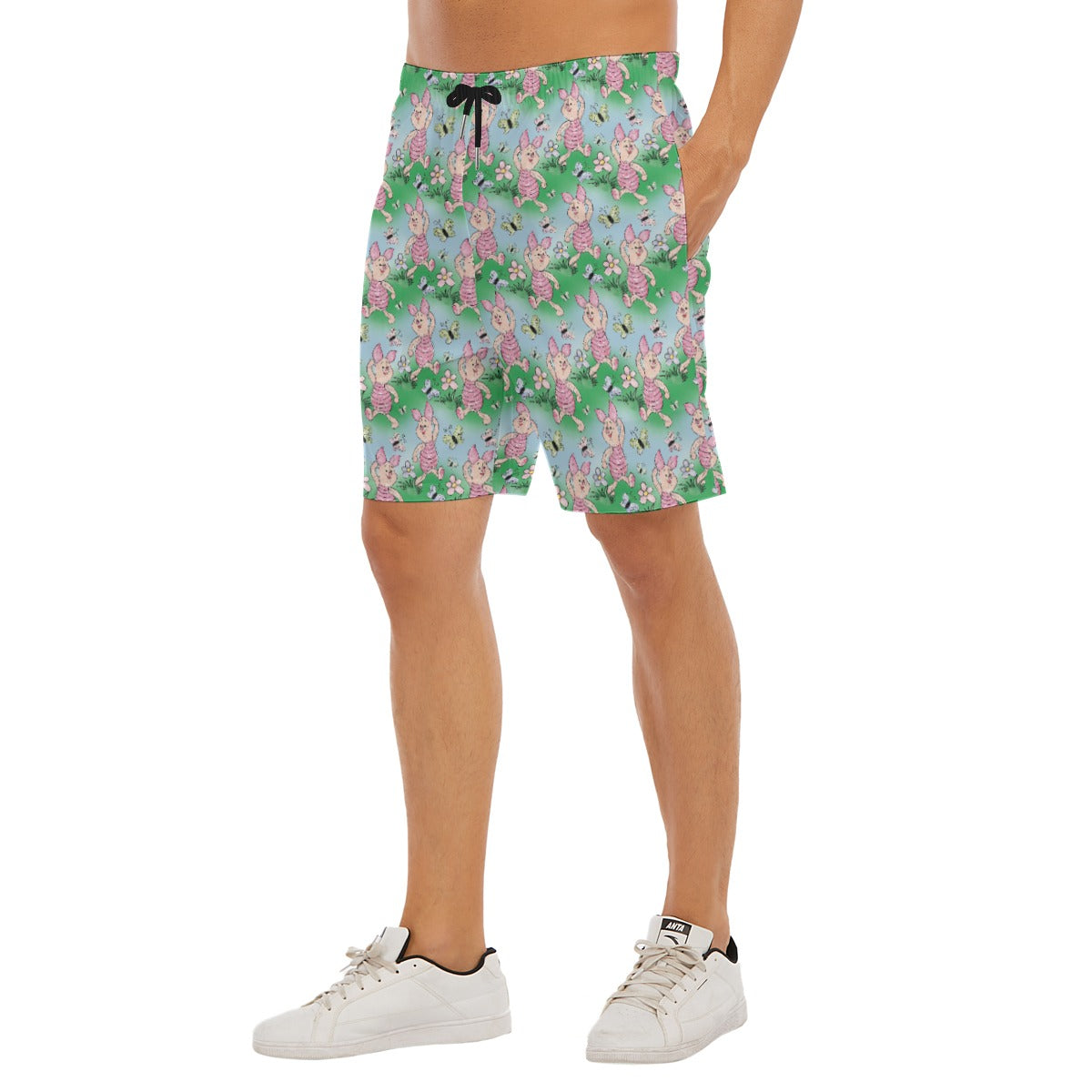 Sketched Shy Friend and Butterflies - Men’s Pocket Beach Shorts