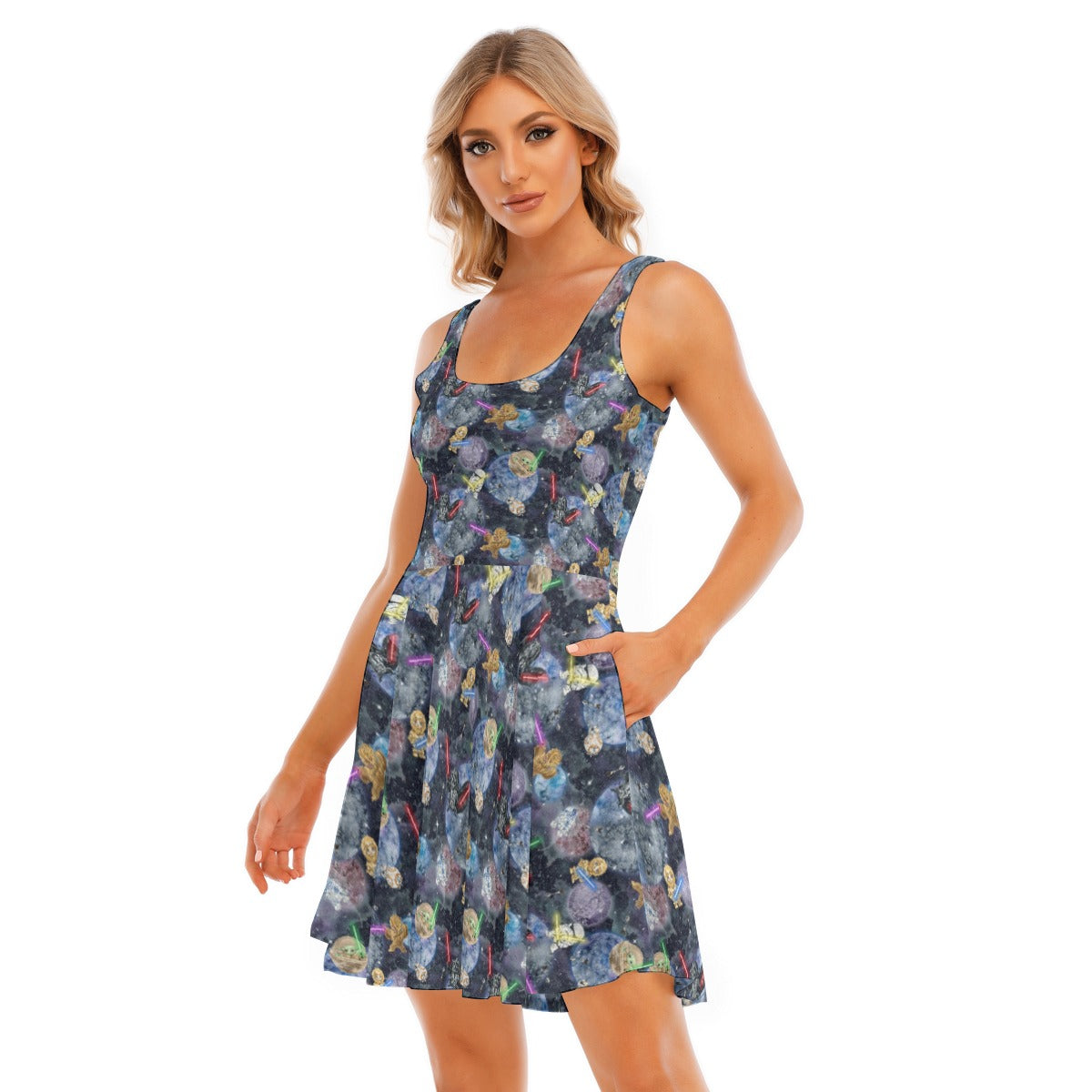 Watercolor Cosmic Battle - Women's Sleeveless Pocket Skater Dress