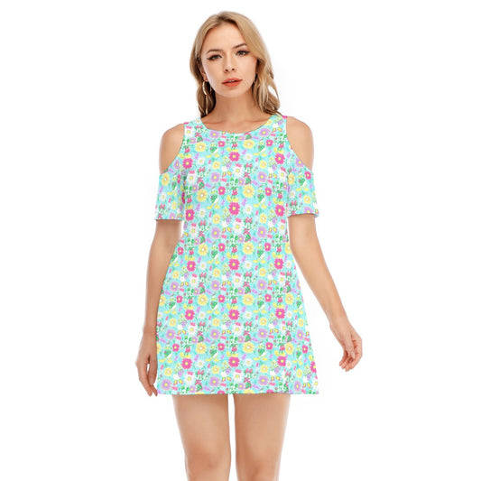 Neon Spring Floral Friendsends - Women's Cold Shoulder Cotton Dress