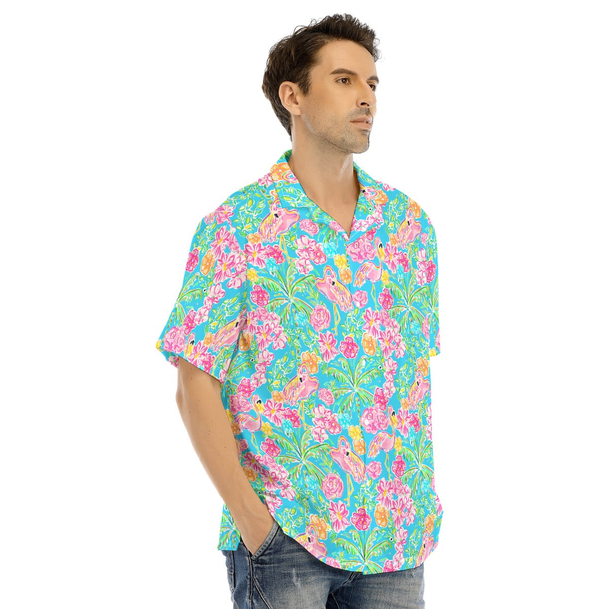 Flamingo Fiesta - Men's Hawaiian Button Up Shirt