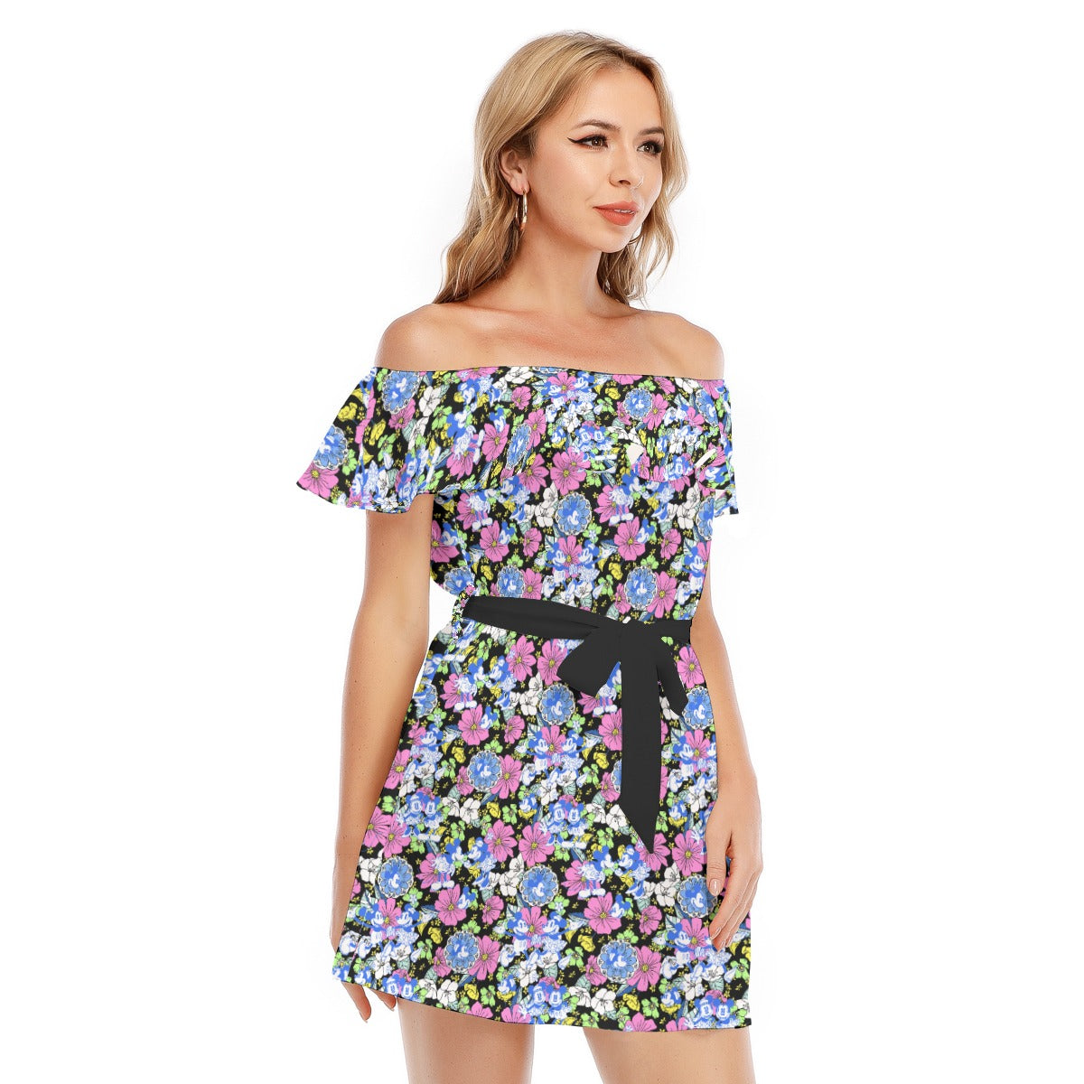 Garden Whimsy - Vintage Mouse Romance - Women's Off-shoulder Ruffle Dress