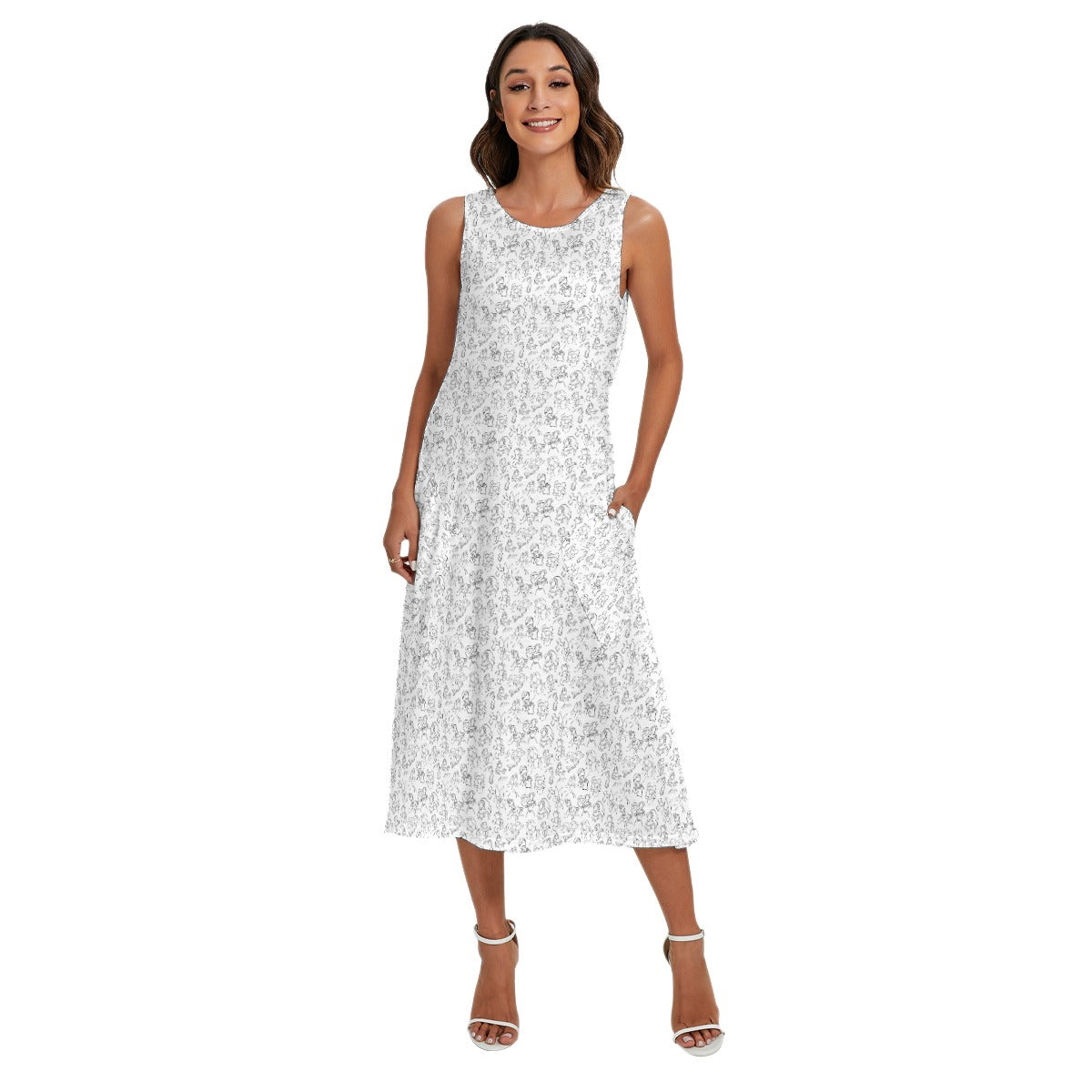 Monochrome Royal Silhouettes - Women’s Diagonal Pocket Midi Dress