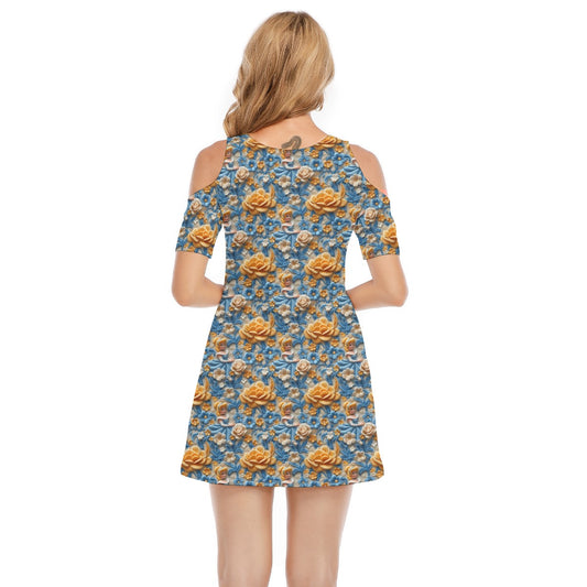 Regal Embroidered Royal Maiden - Women's Cold Shoulder Cotton Dress