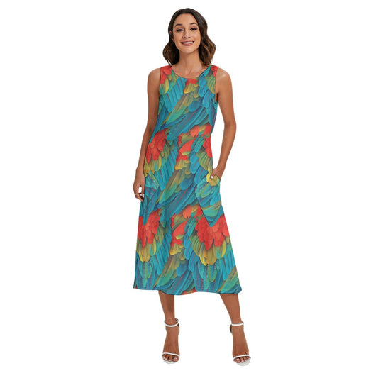 Animal Print - Macaw Parrot - Women’s Diagonal Pocket Midi Dress
