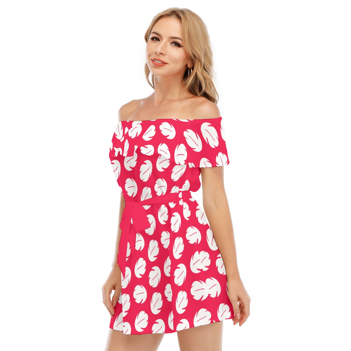 Island Leaf Print - Women's Off-shoulder Ruffle Dress