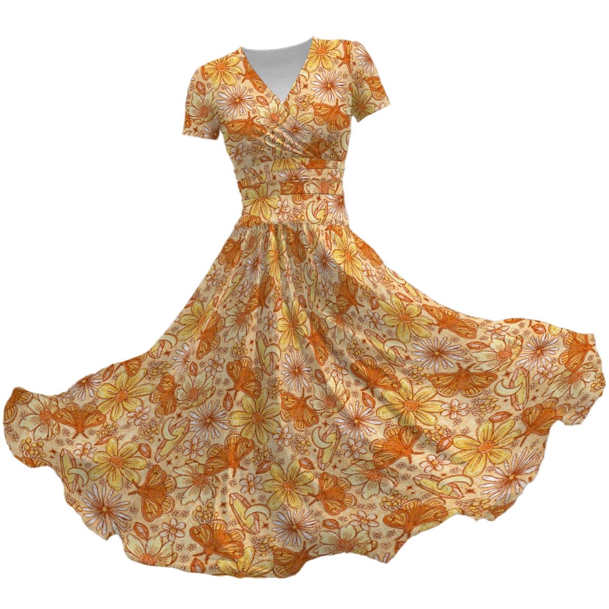 Orange Crystal Moths - Women's V-Neck Ruched Midi Dress