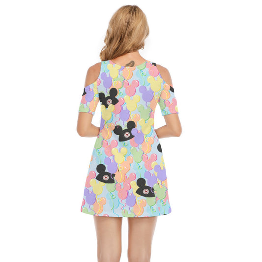 Pastel Mouse Ear Balloons - Women's Cold Shoulder Cotton Dress
