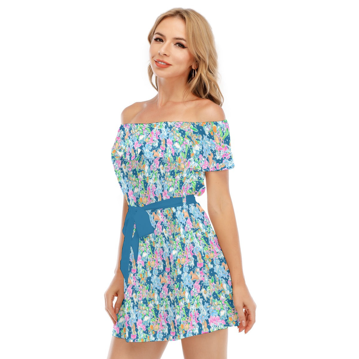 Tropical Paws & Petals - Beloved Dogs - Women's Off-shoulder Ruffle Dress