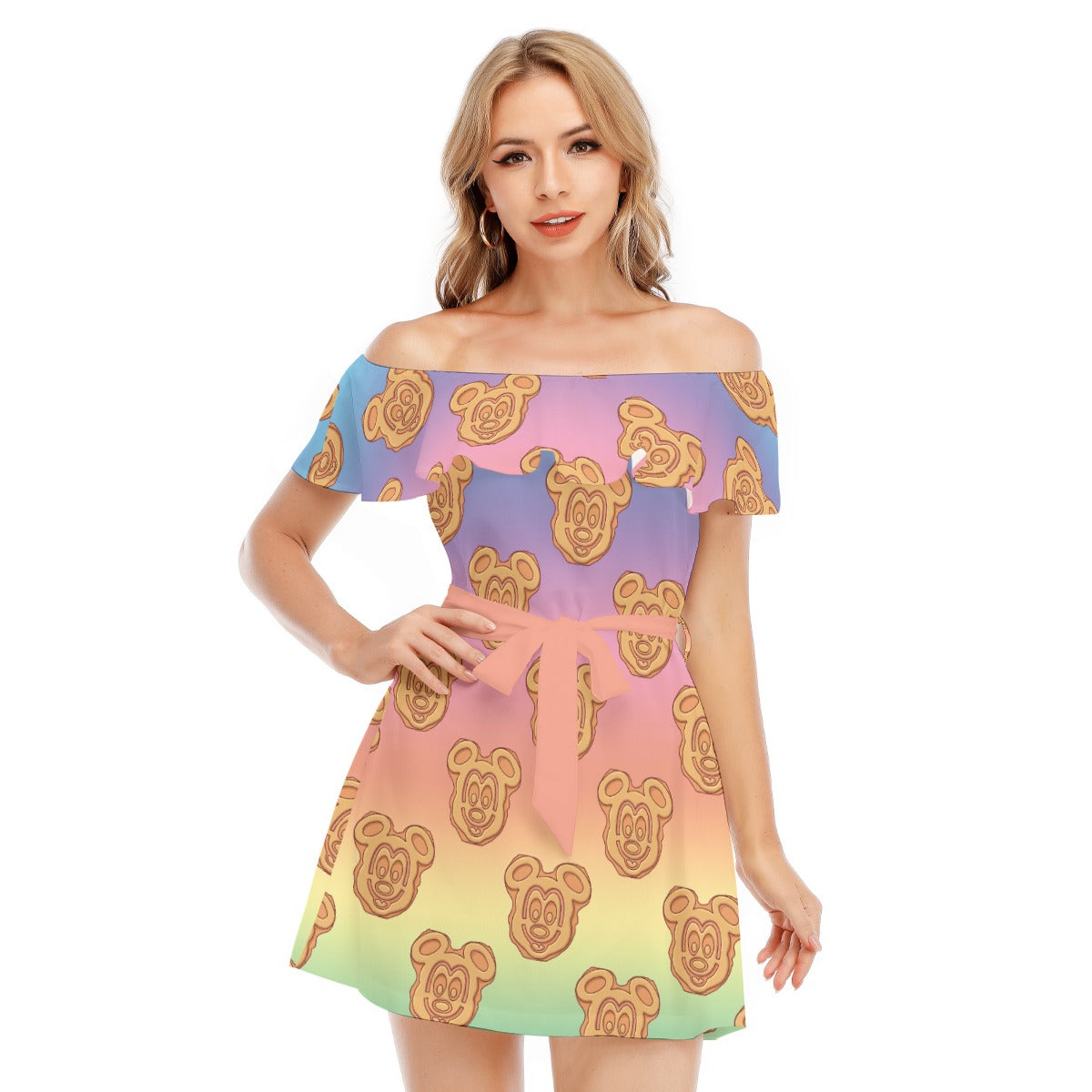 Rainbow Mouse Waffles - Women's Off-shoulder Ruffle Dress