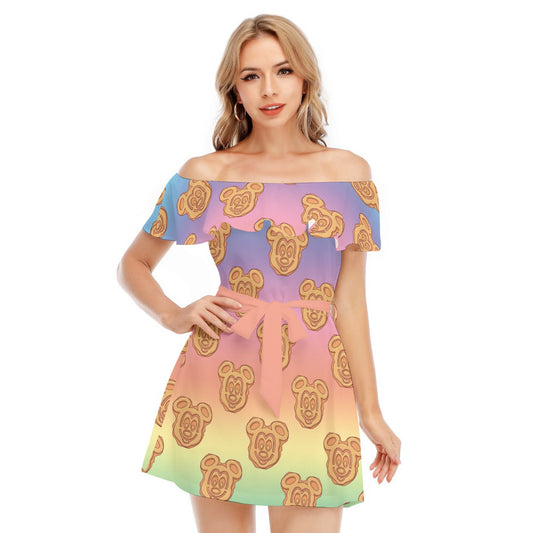 Rainbow Mouse Waffles - Women's Off-shoulder Ruffle Dress
