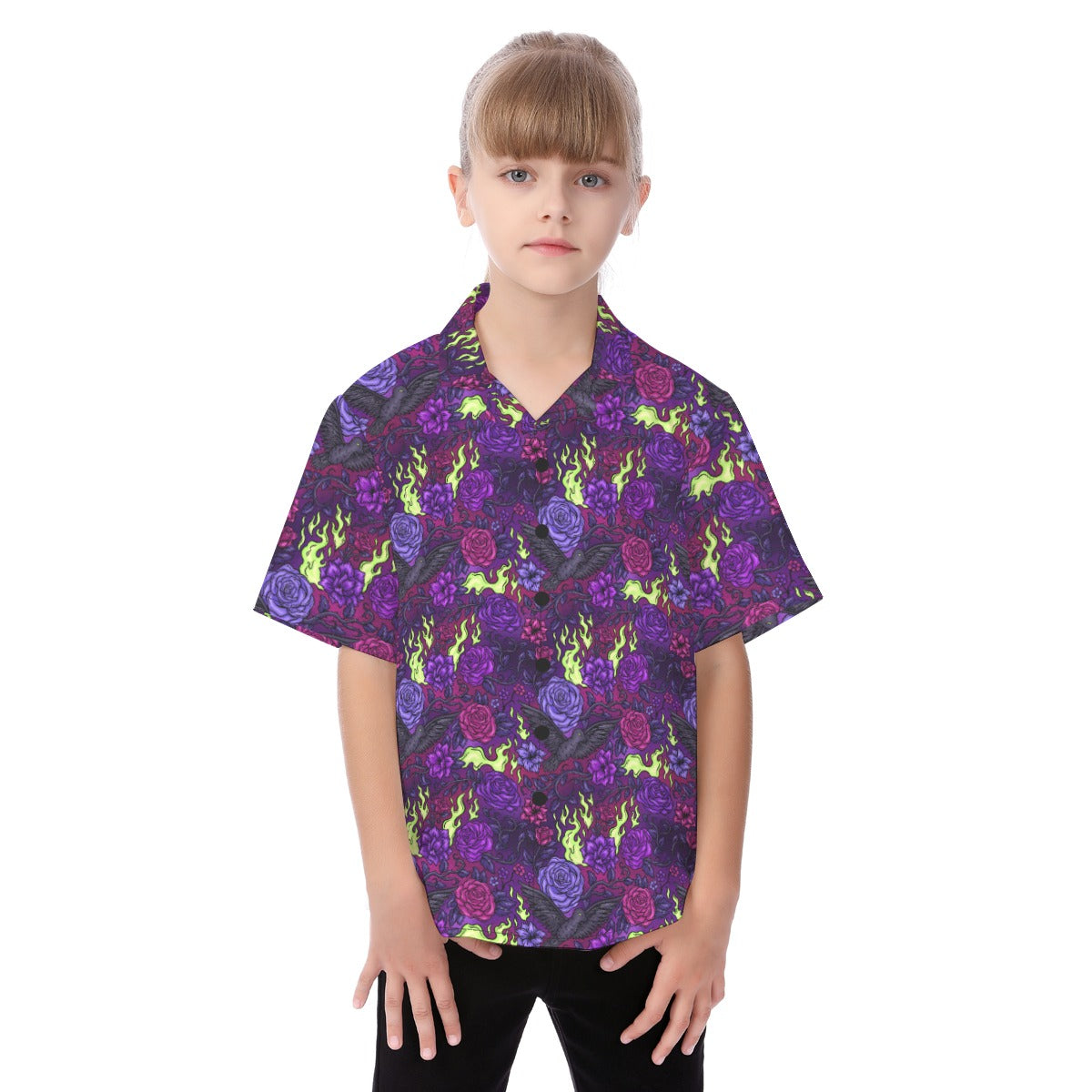 Fairytale Florals - Dark Enchantress - Kid's Hawaiian Button Up Shirt