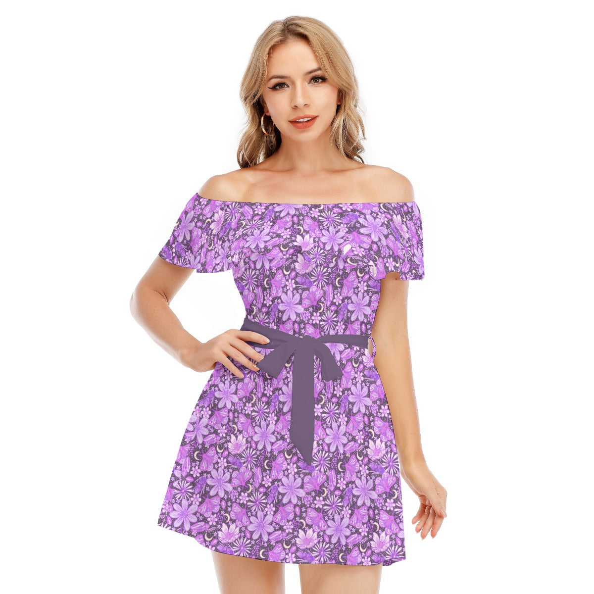 Purple Crystal Moths - Women's Off-shoulder Ruffle Dress
