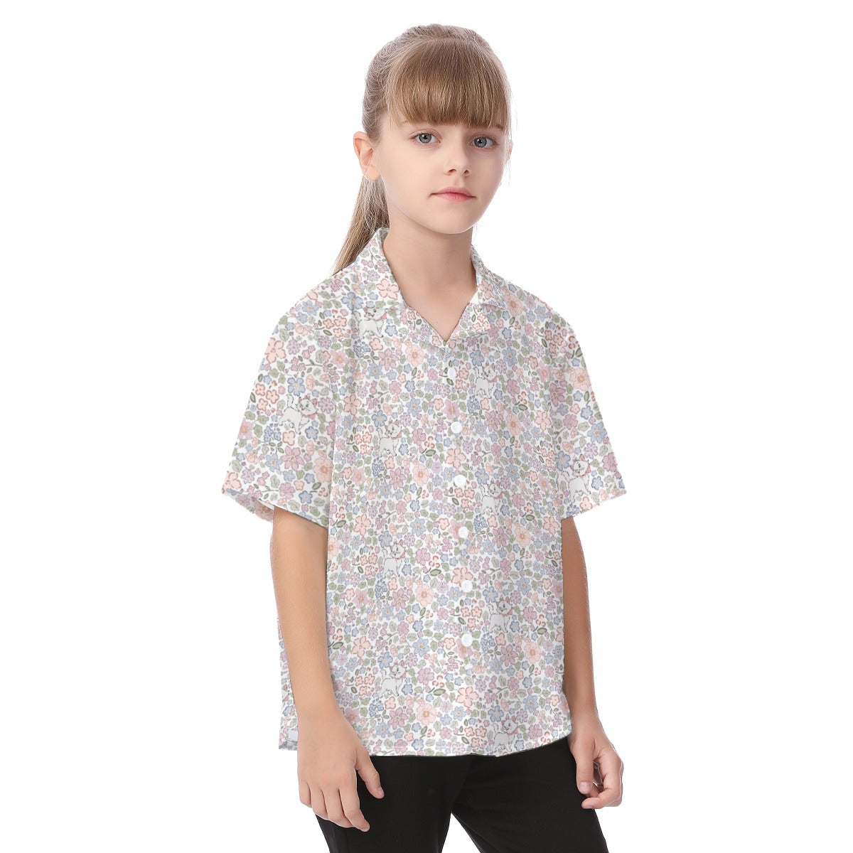 Springtime Kitten Garden Elegance - Kid's Hawaiian Button Up Shirt