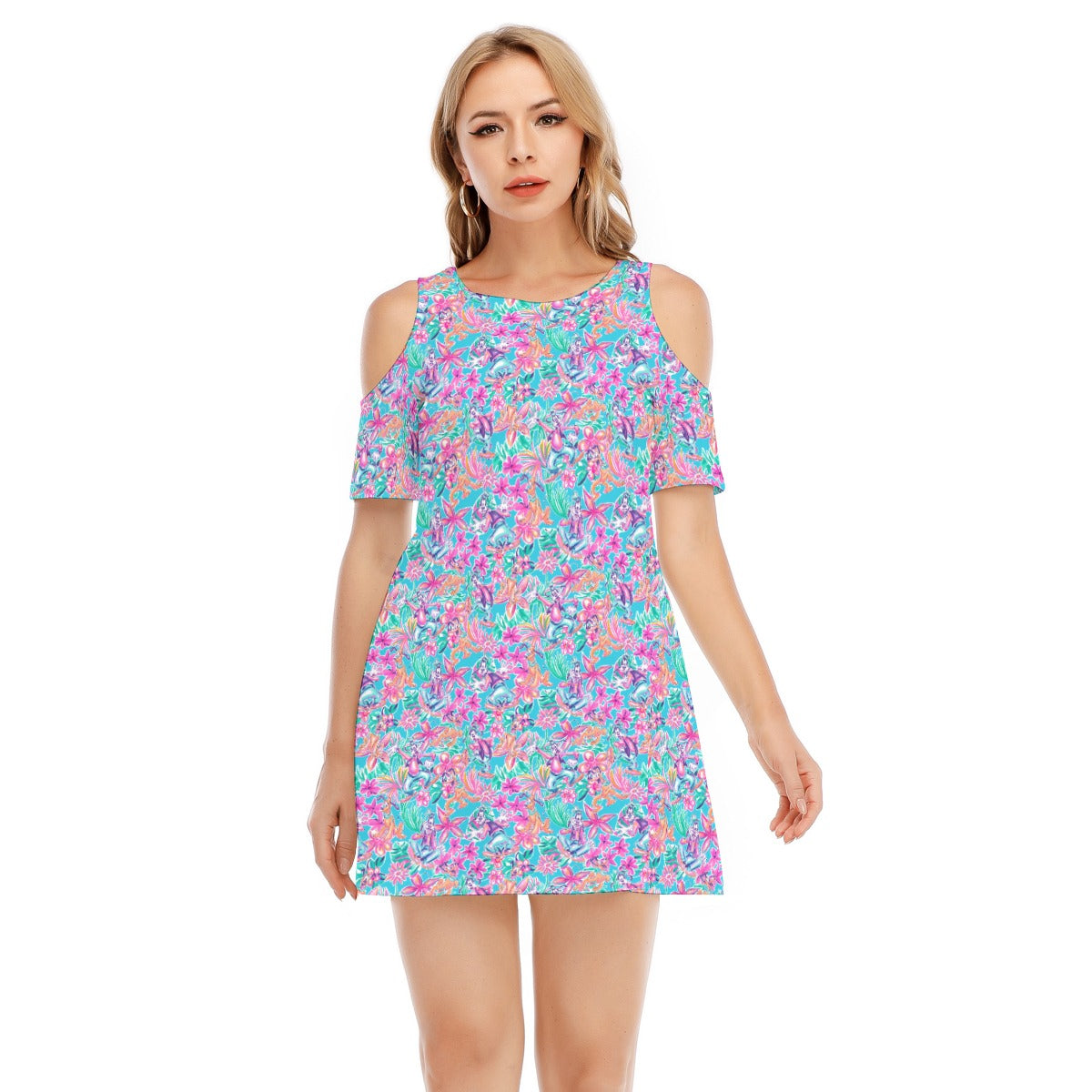 Tropical Bloom Fiesta - Playful Duoluto - Women's Cold Shoulder Cotton Dress