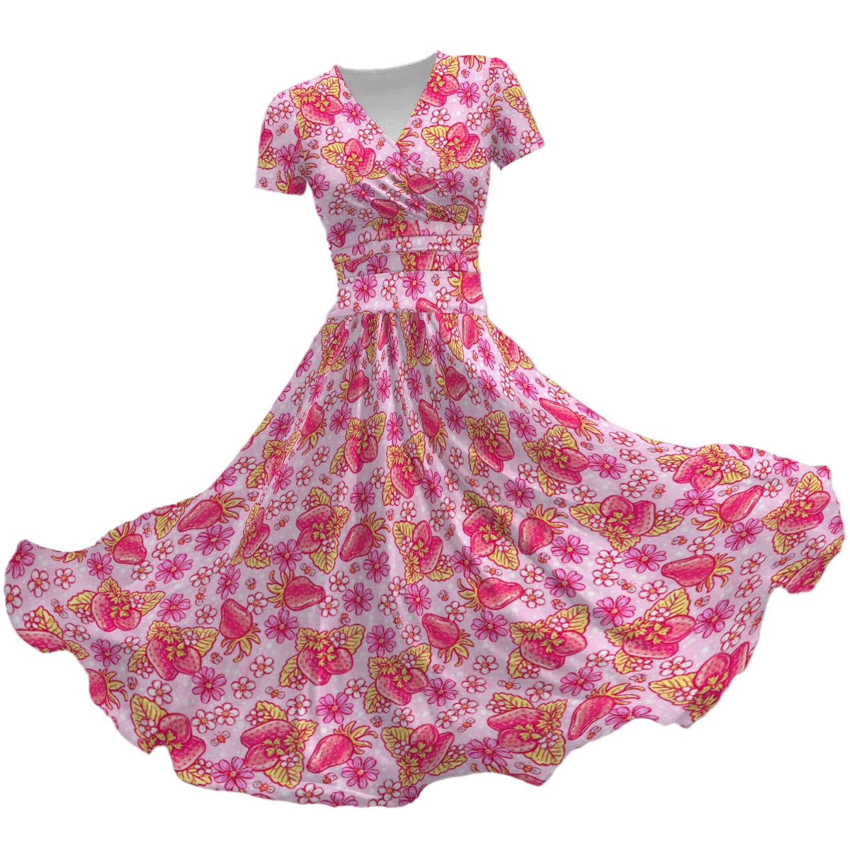Summer Fruits - Strawberry - Women's V-Neck Ruched Midi Dress