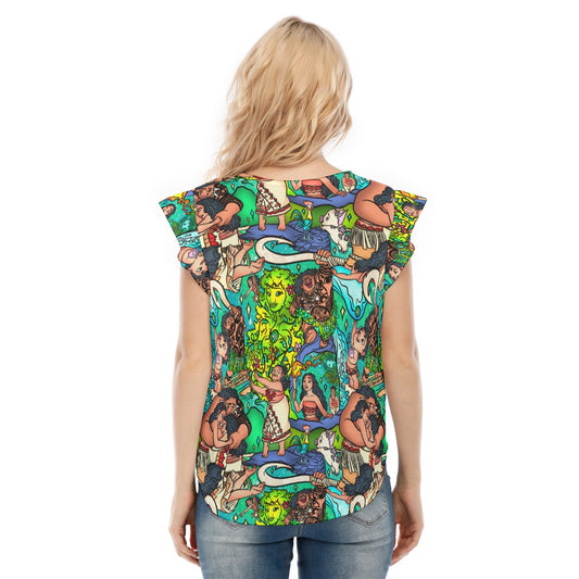 Ocean Voyager Storybook Scenes - Women’s Flutter Sleeve Top