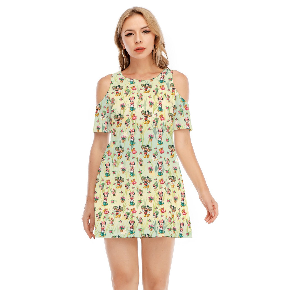 Garden Mouse Helpers at Work - Women's Cold Shoulder Cotton Dress
