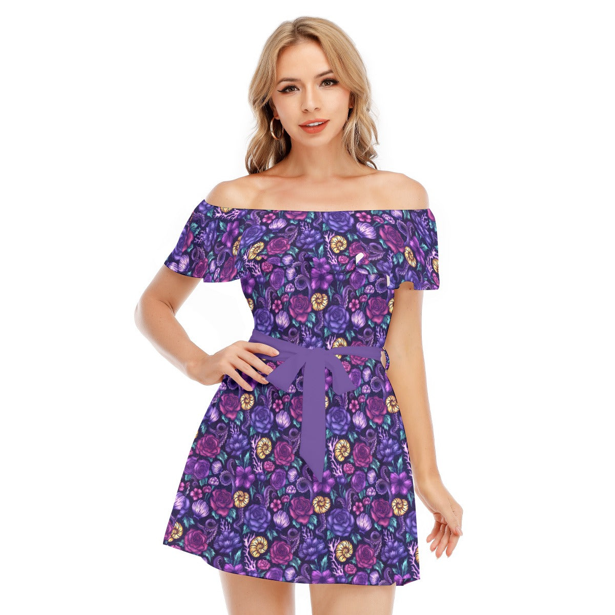 Fairytale Florals – Dark Sea Witch - Women's Off-shoulder Ruffle Dress