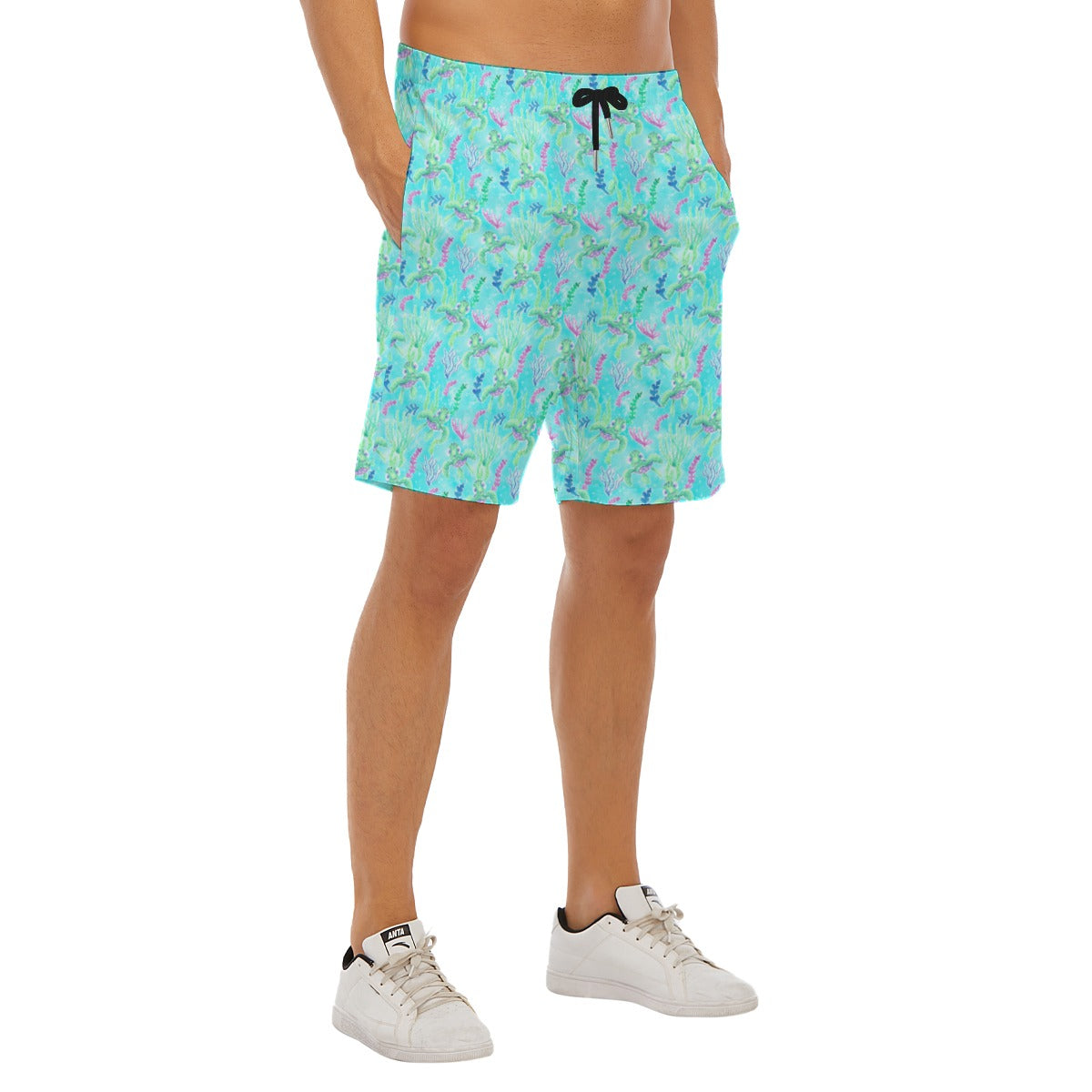 Neon Floral Baby Turtle - Men’s Pocket Beach Shorts