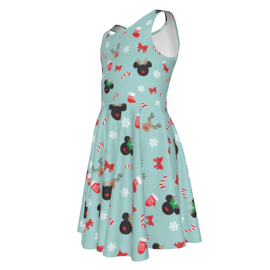 Festive Reindeer Mouse Holiday - Kid's Sleeveless Skater Dress