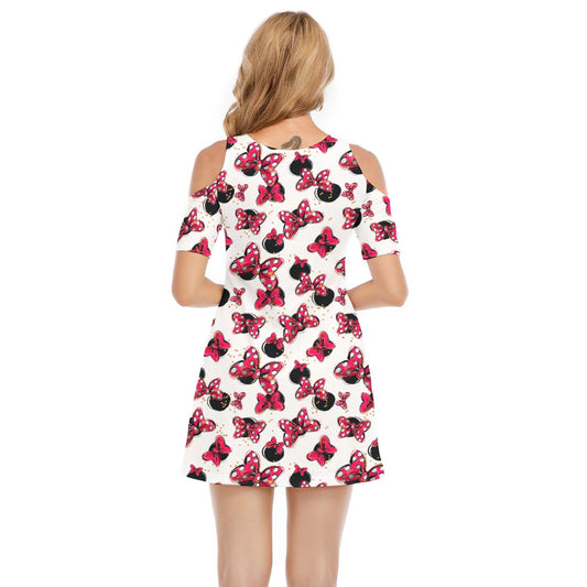 Polka Dot Bows & Mouse Ears - Women's Cold Shoulder Cotton Dress