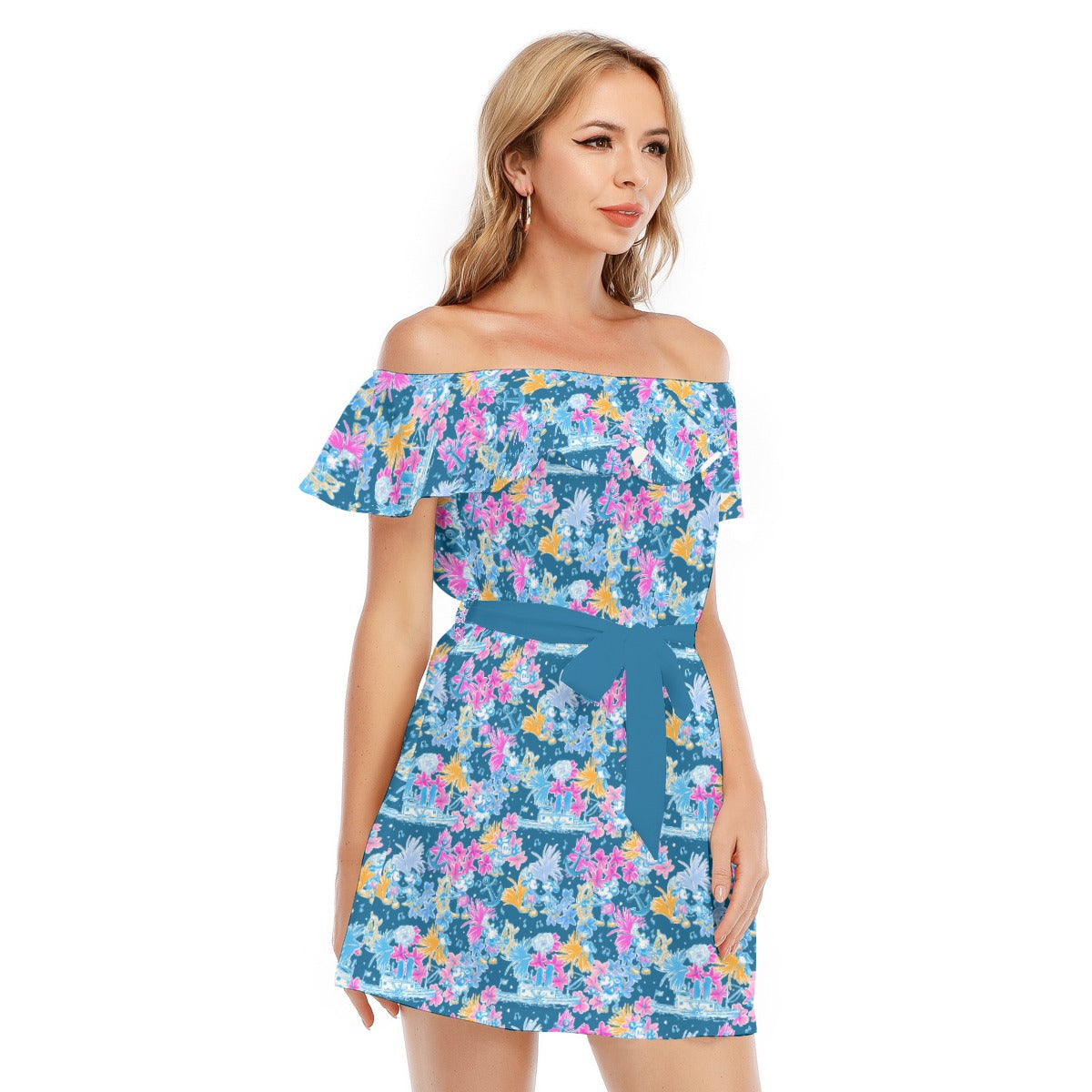Bright Tropical Whimsy - Vintage Steamboat Captain - Women's Off-shoulder Ruffle Dress