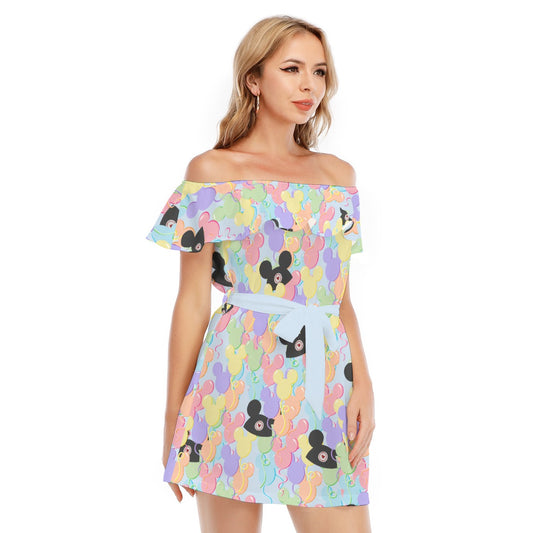 Pastel Mouse Ear Balloons - Women's Off-shoulder Ruffle Dress
