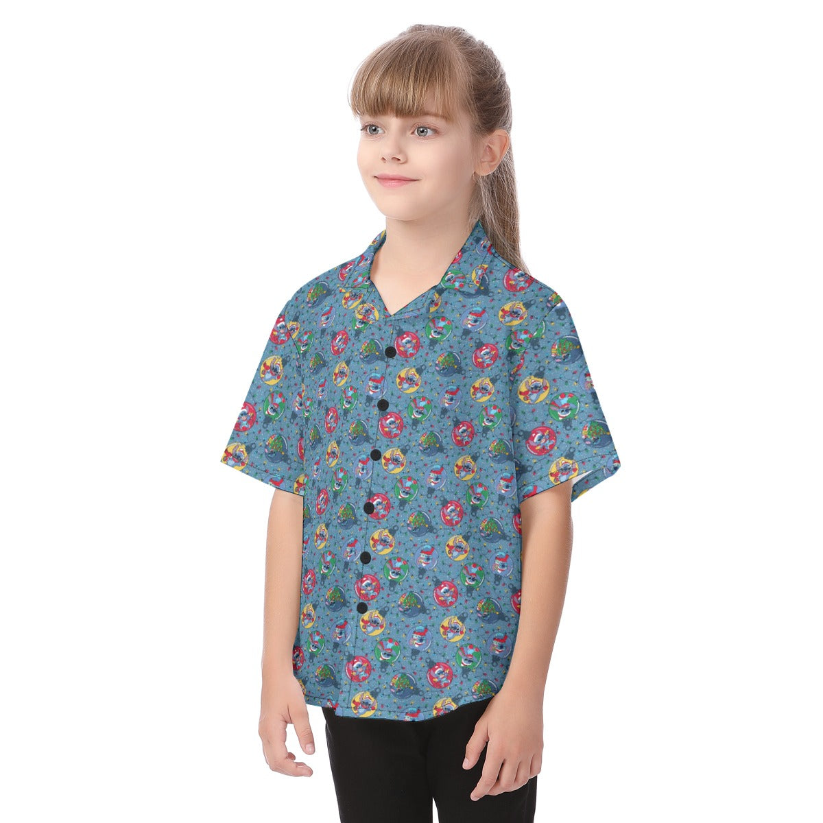 Holiday Baubles with Mischievous Blue Alien - Kid's Hawaiian Button Up Shirt