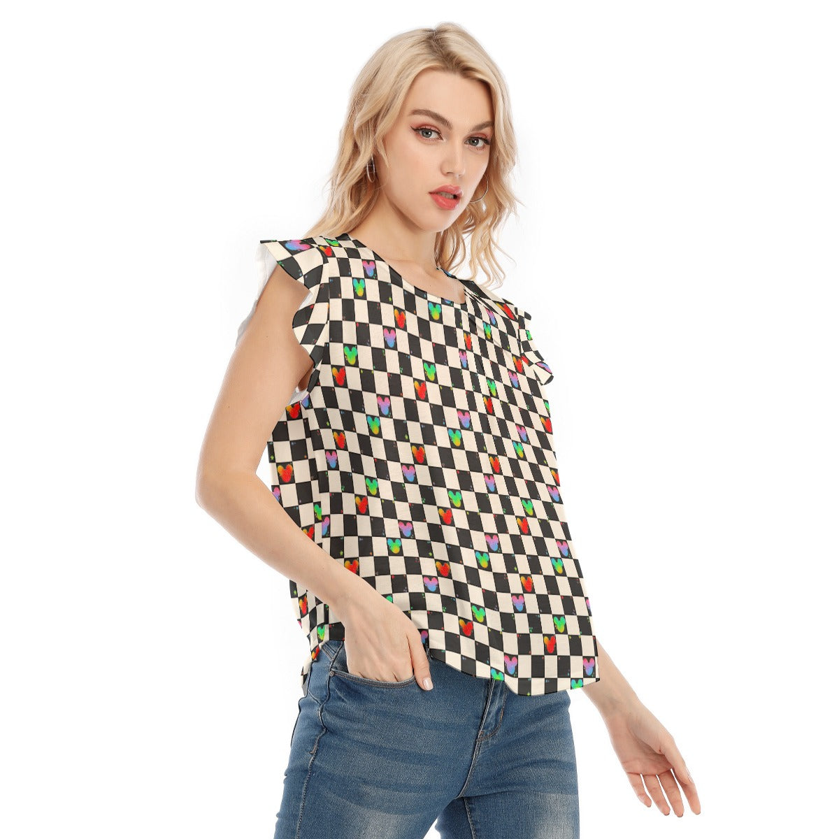 Rainbow Checker Mouse Ears - Women’s Flutter Sleeve Top
