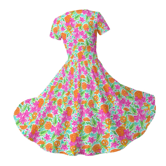 Tropical Citrus Bloom - Women's V-Neck Ruched Midi Dress