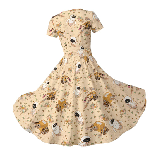 Botanical Robot Love Story - Women's V-Neck Ruched Midi Dress