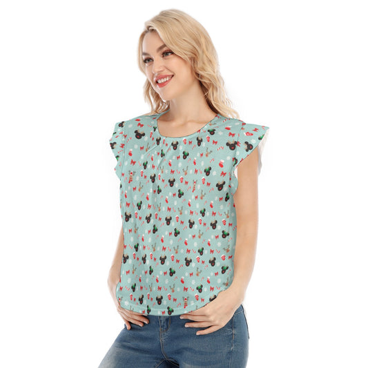 Festive Reindeer Mouse Holidayeers - Women’s Flutter Sleeve Top