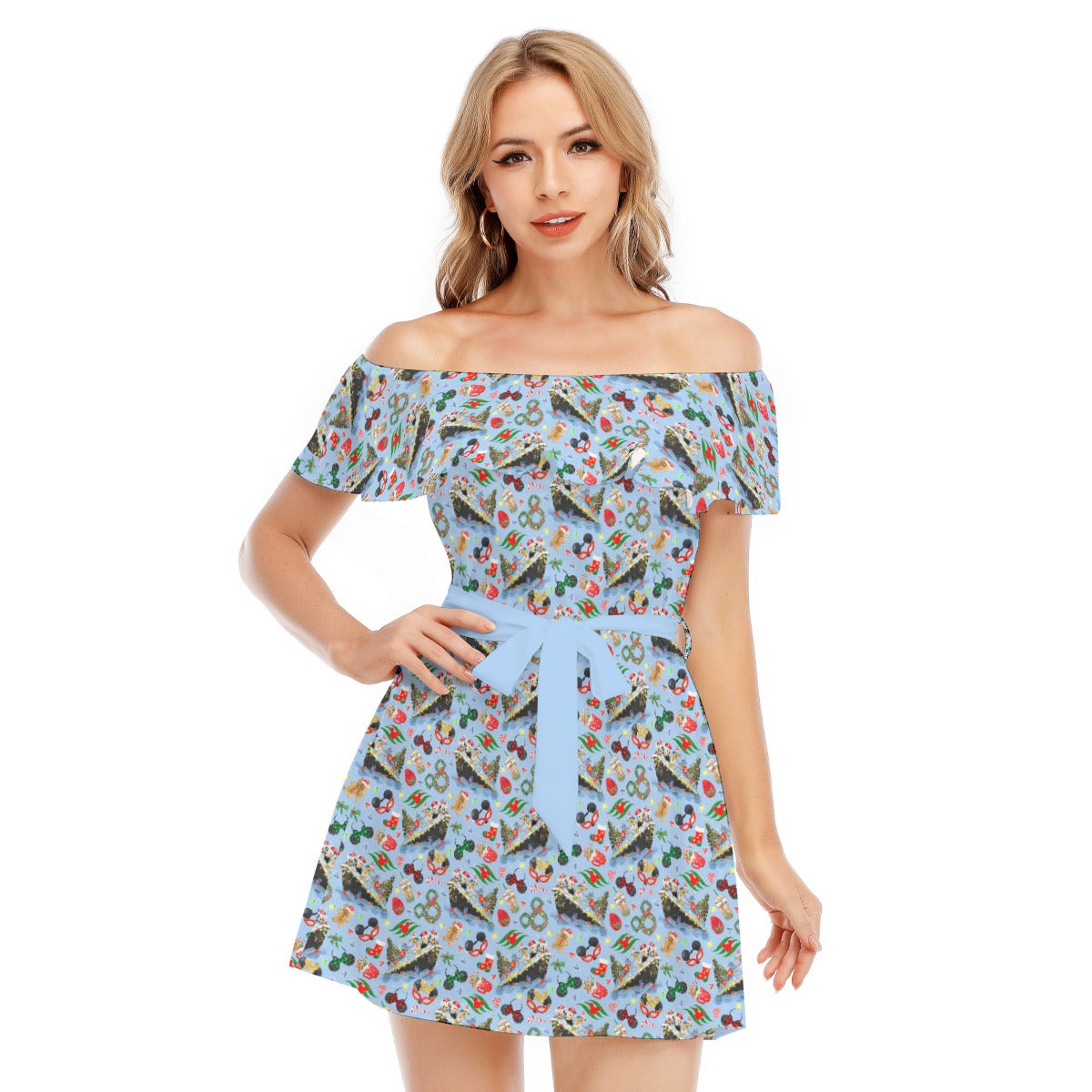 Very Merrytime Christmas Cruise - Women's Off-shoulder Ruffle Dress