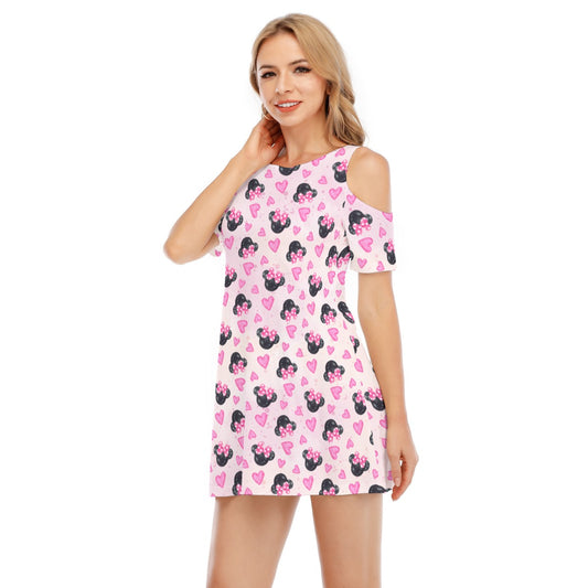 Watercolor Pink Bow Mouse Ears - Women's Cold Shoulder Cotton Dress