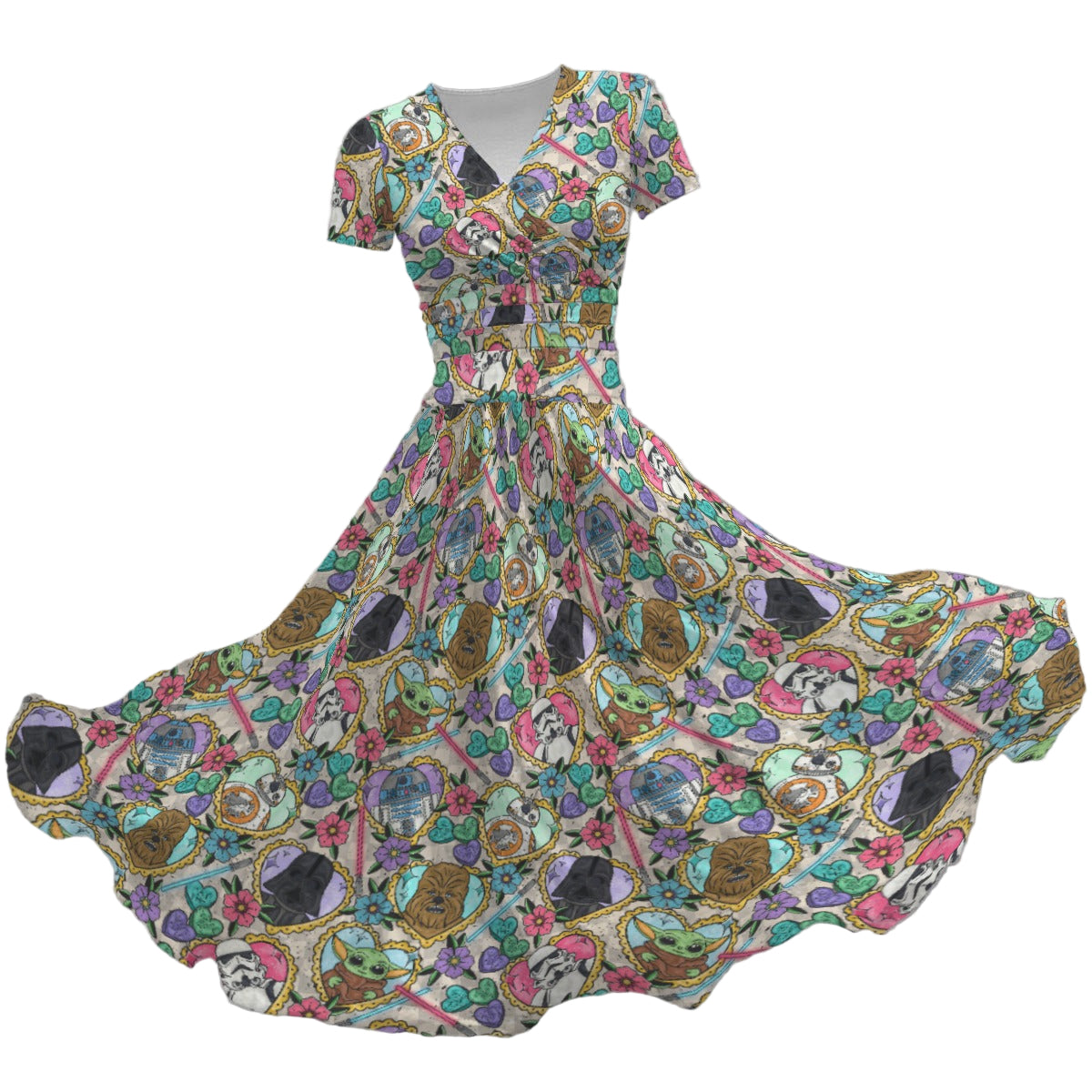 Tattoo Hearts Galactic Legends - Women's V-Neck Ruched Midi Dress