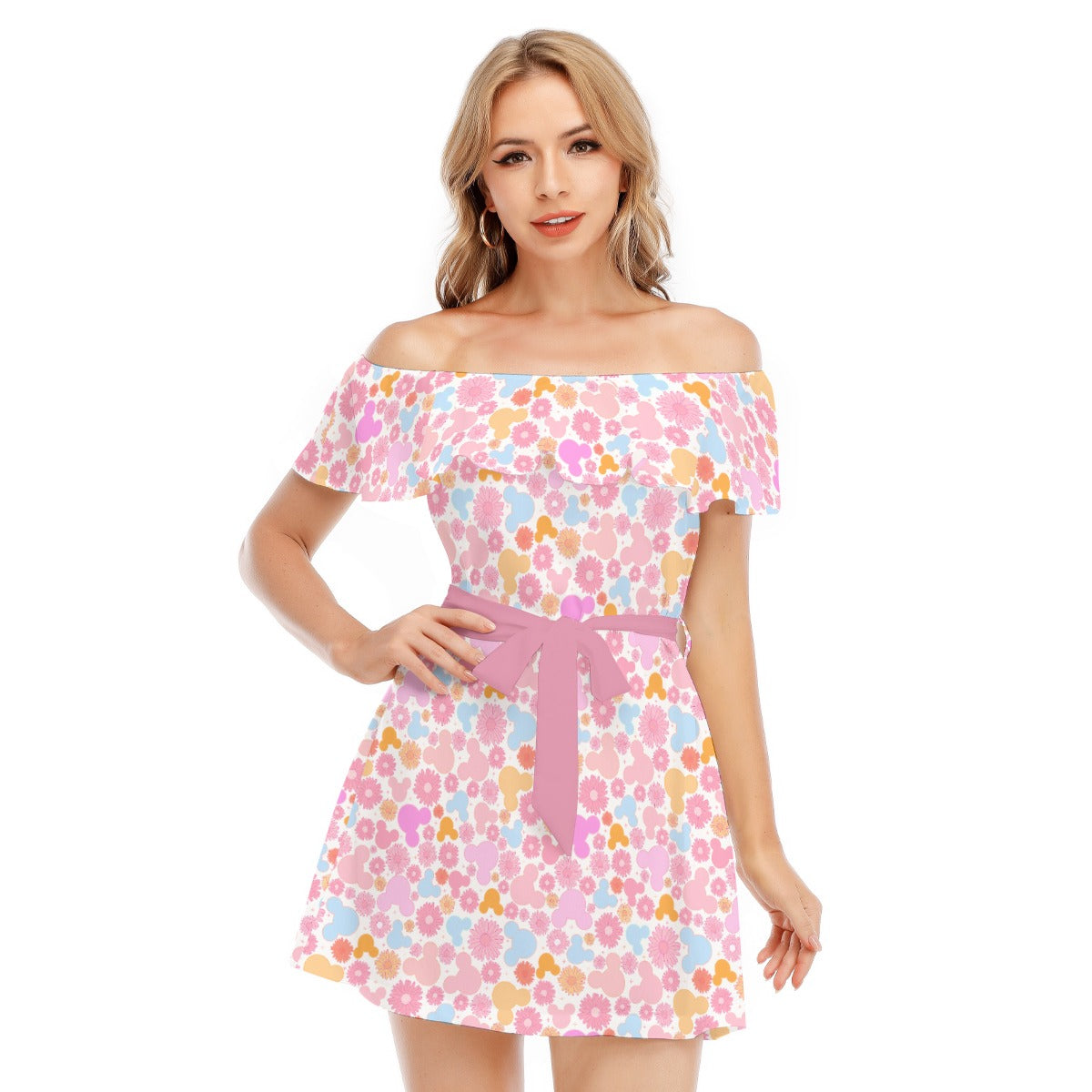 Retro Floral Mouse - Women's Off-shoulder Ruffle Dress