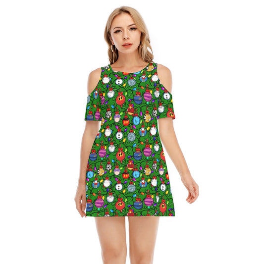 Festive Character Baubles on Green - Women's Cold Shoulder Cotton Dress
