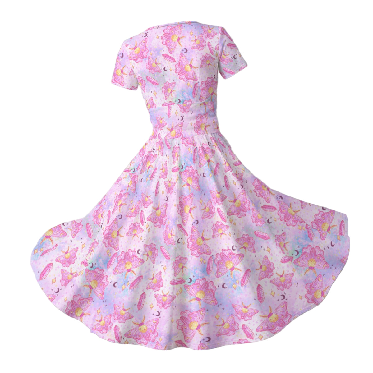 Pink Crystal Lunar Moths - Women's V-Neck Ruched Midi Dress