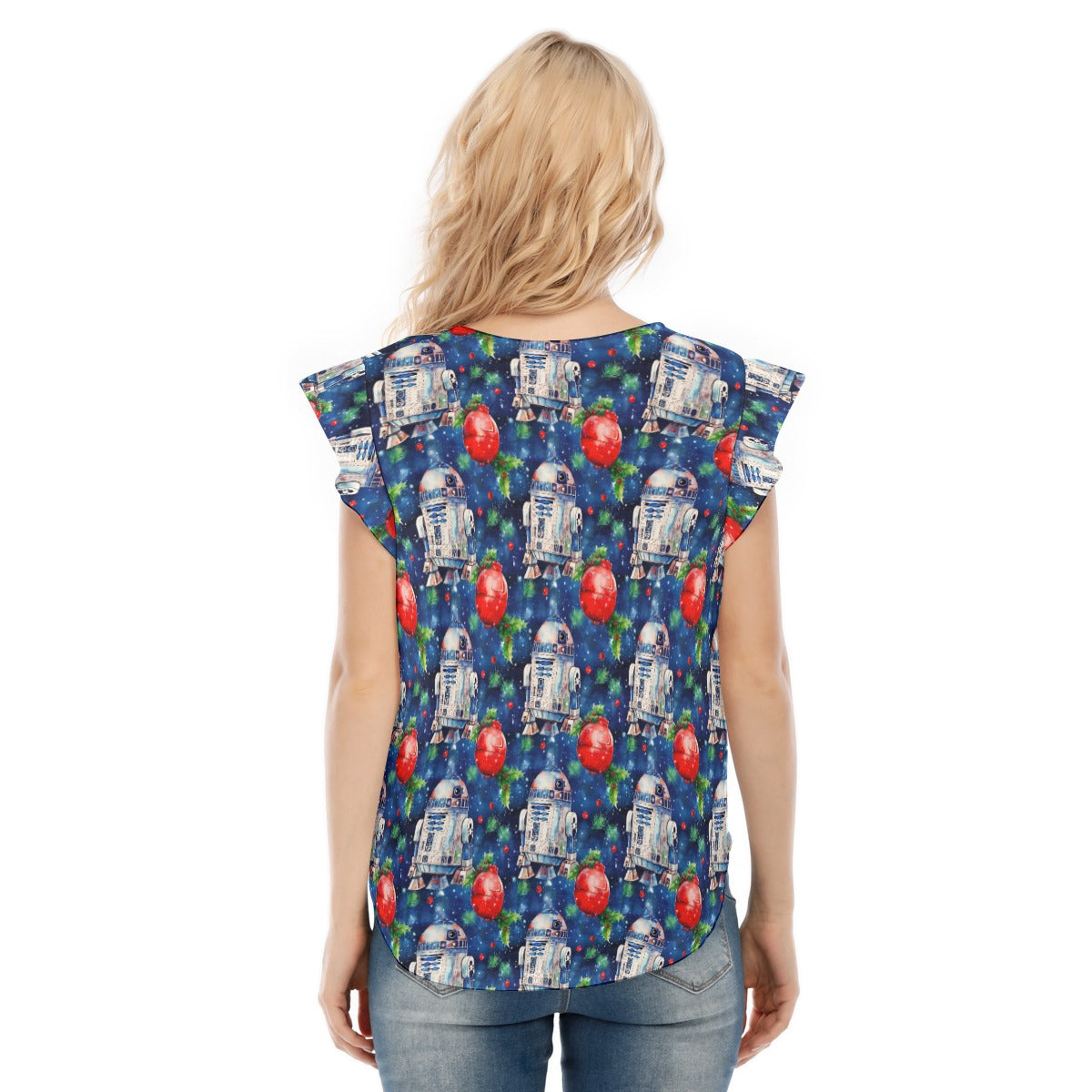Little Blue Christmas Droid - Women’s Flutter Sleeve Top