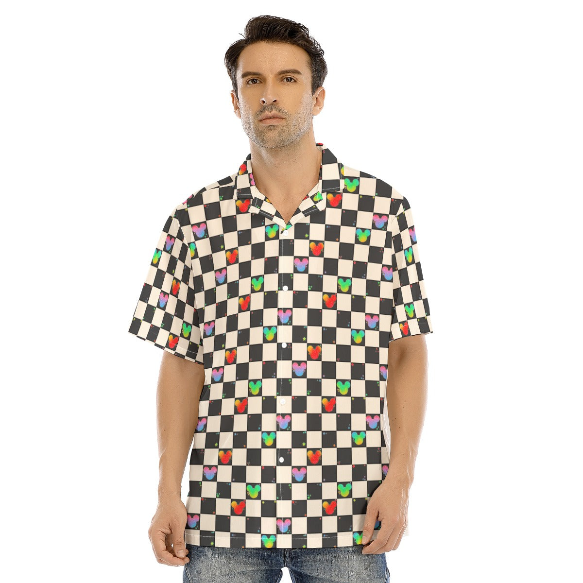 Rainbow Checker Mouse Ears - Men's Hawaiian Button Up Shirt