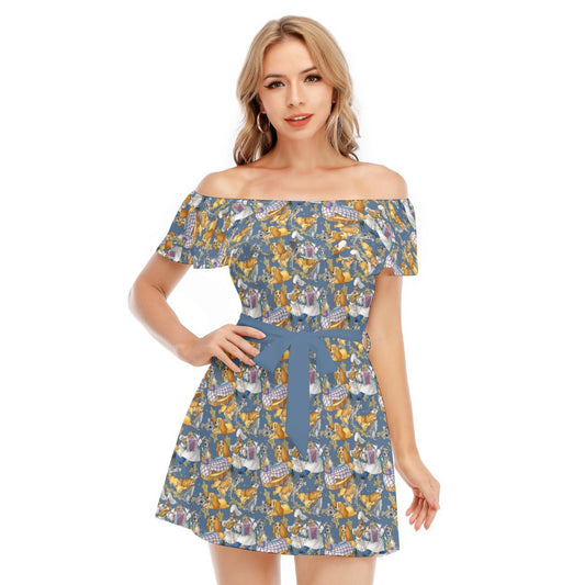 Puppy Love Sketch - Women's Off-shoulder Ruffle Dress