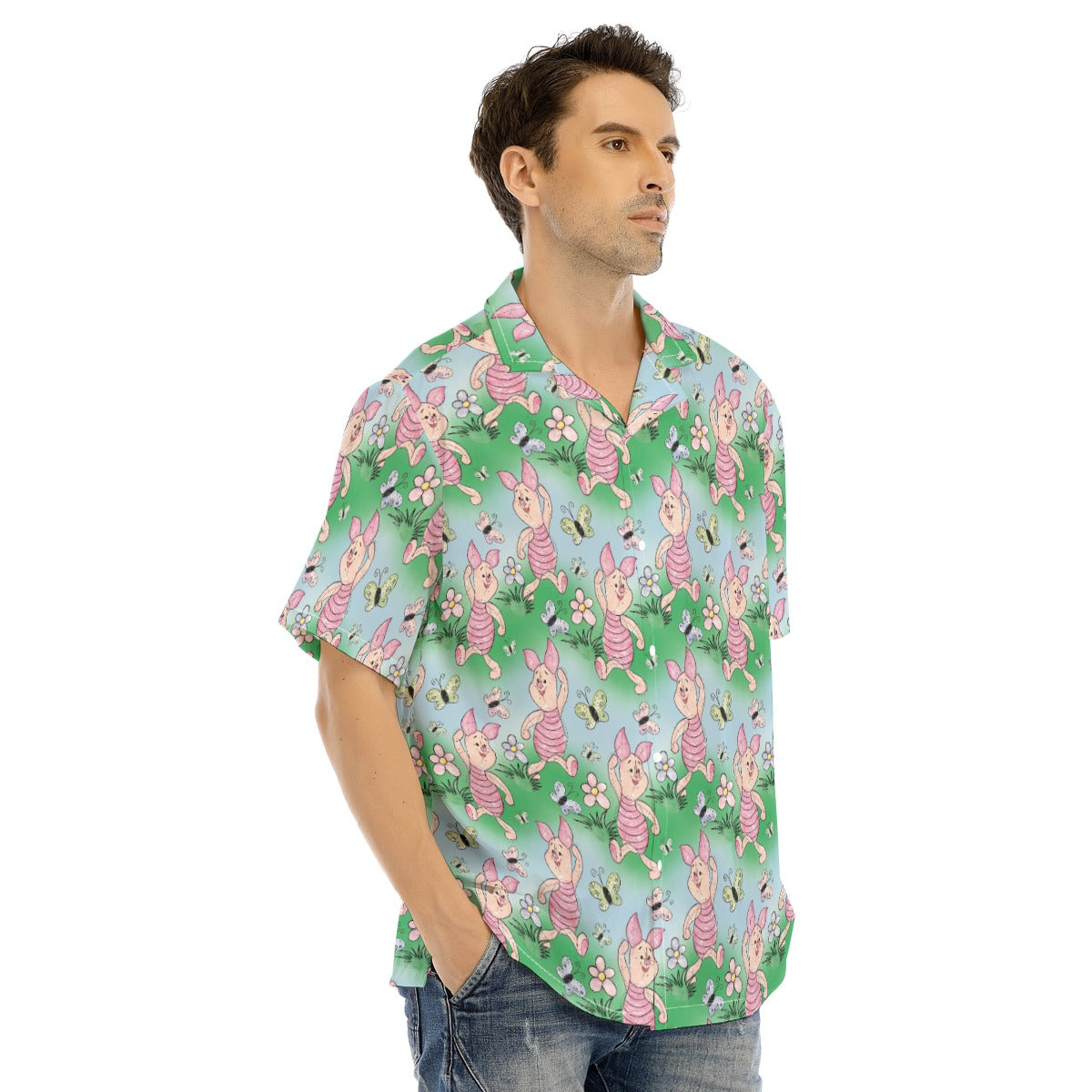 Sketched Shy Friend and Butterflies - Men's Hawaiian Button Up Shirt