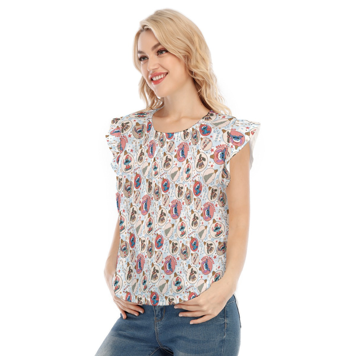 Festive Elf and Ornament Fun - Women’s Flutter Sleeve Top