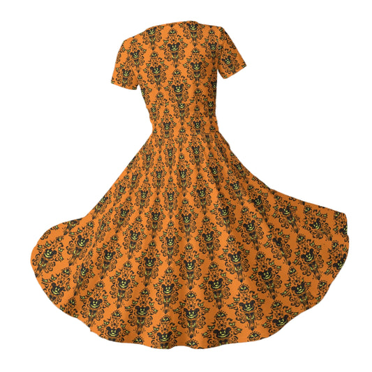 Haunted Halloween Mansion Wallpaper - Women's V-Neck Ruched Midi Dress